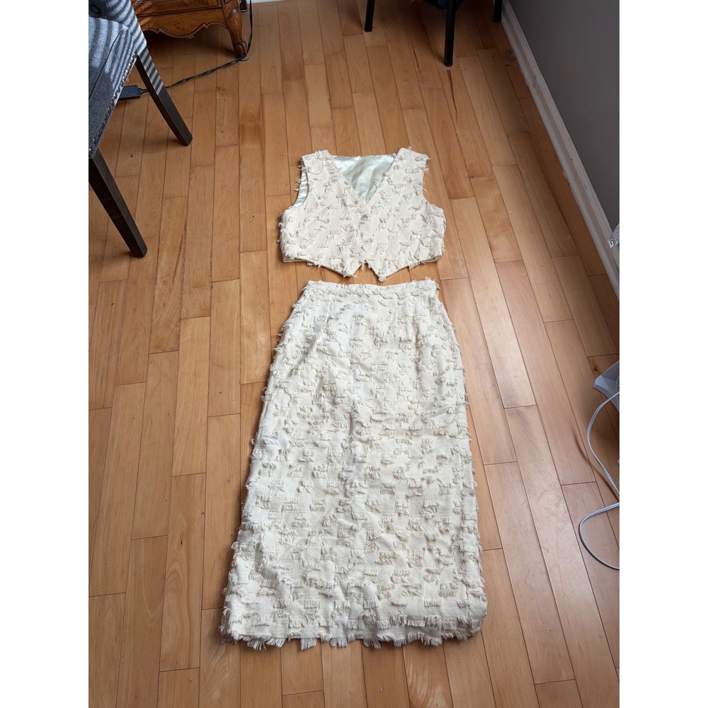 Dion's of Texas Skirt Vest Set Womens L Cream Boho Western Fringed Made in USA